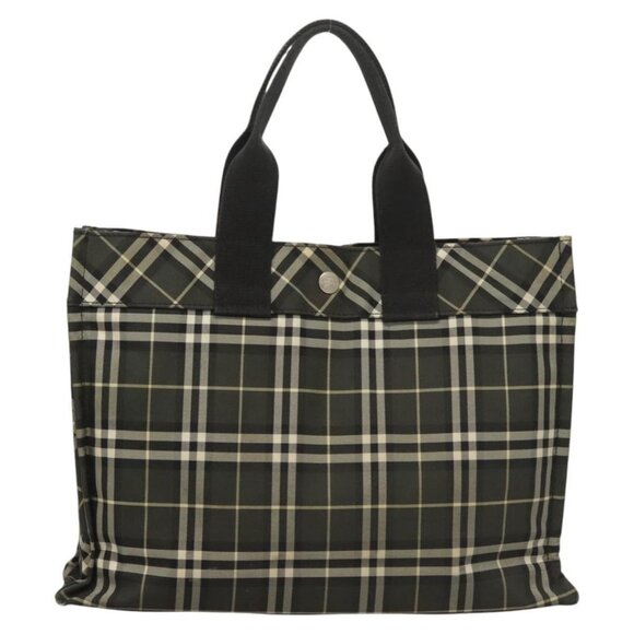 Burberrys Nova Check Blue Label Hand Bag Nylon Khaki Silver Auth hs1707 - Picture 3 of 16